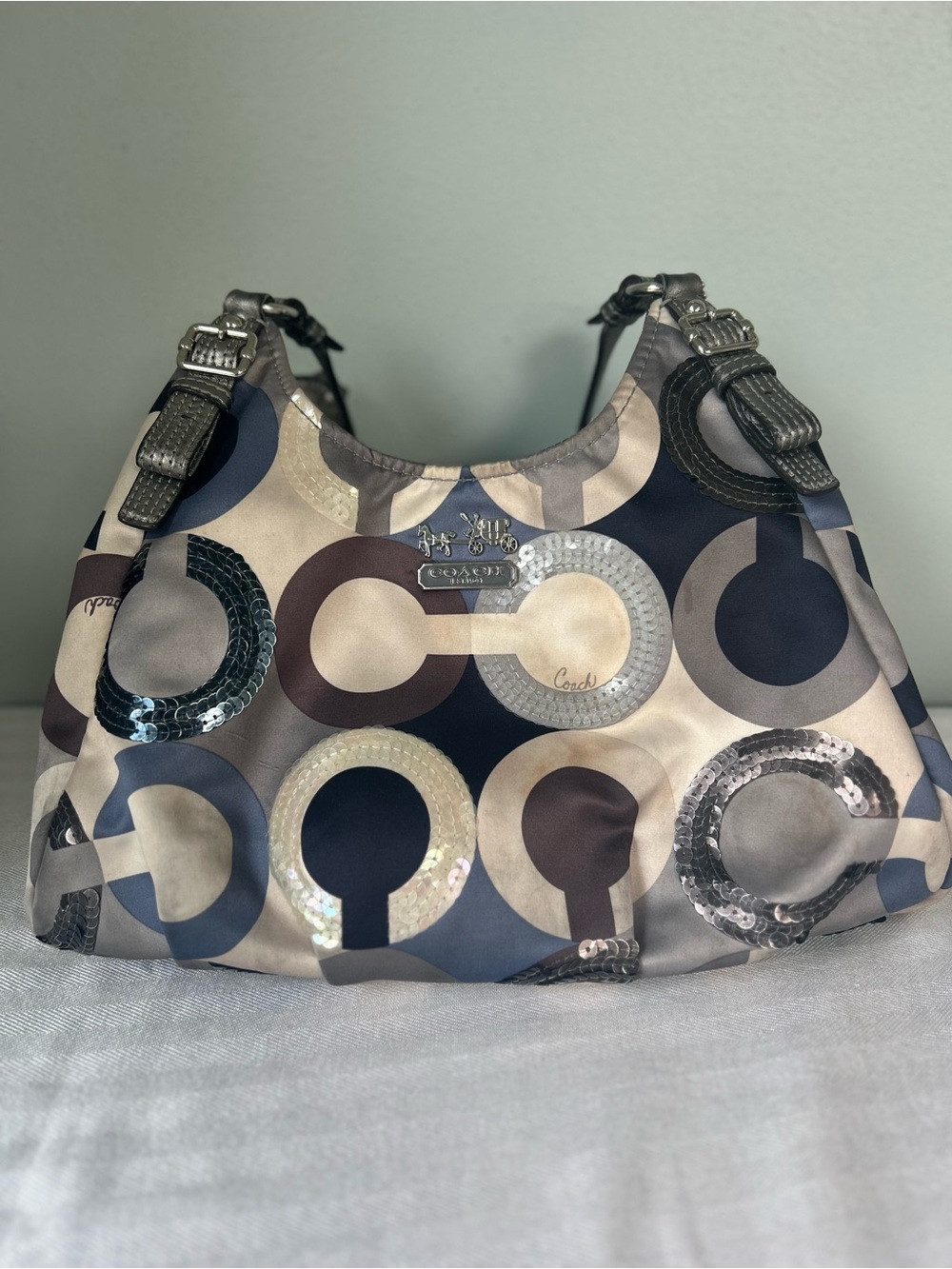 Coach Multi-Tone Circular Signature Sequin Hobo - Gray/Navy/Brown